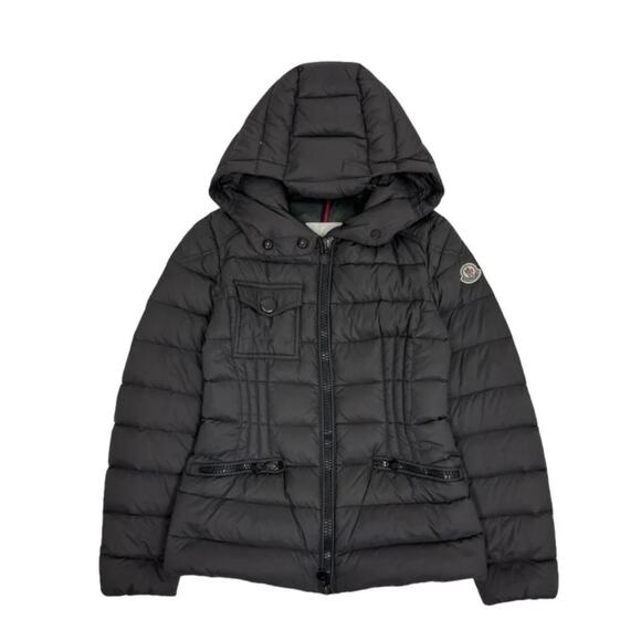Moncler Down Puffer Jacket Womens XS 0 Black Hooded Zip Pockets Logo Patch - Picture 1 of 13